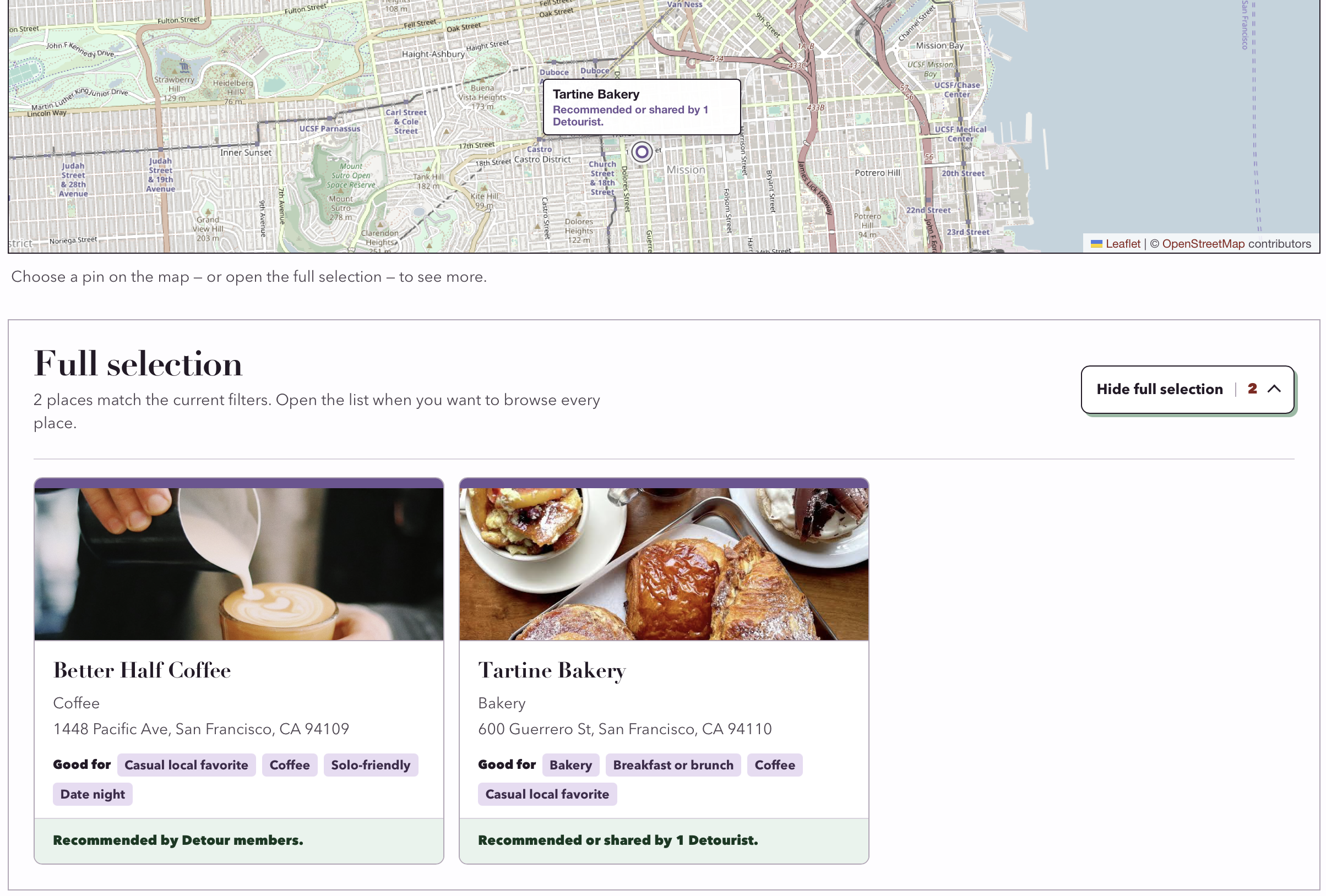 The Detour app: a map of San Francisco with a Tartine Bakery pin, and a Full selection list showing place cards recommended by Detour members